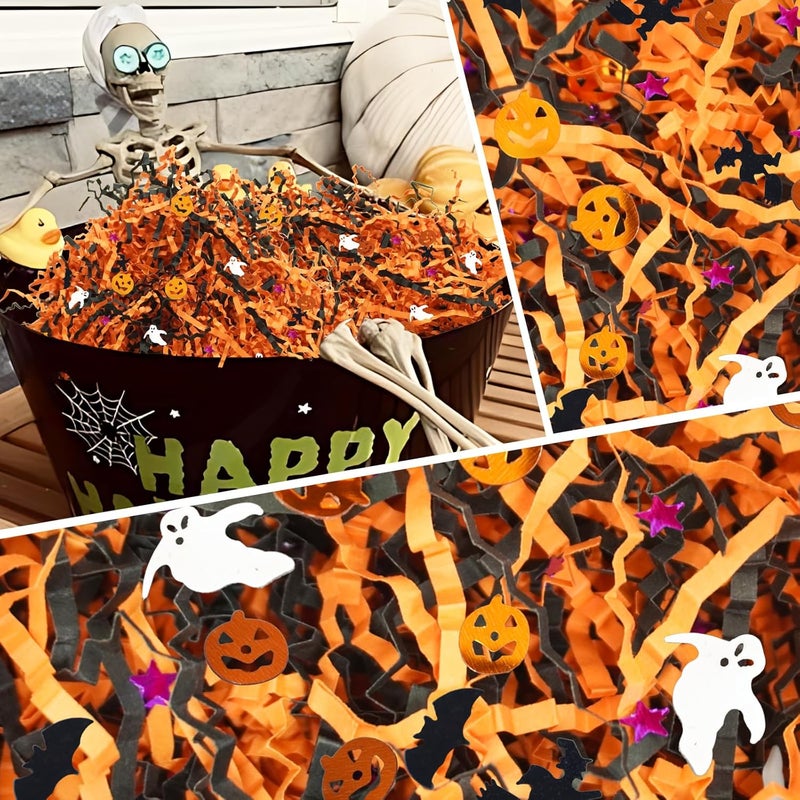 TORONTOKYO 2LB Halloween Black Orange Crinkle Cut Paper with Pumpkin Bat Ghost Witch Star Confetti, Raffia Paper Shredded Paper Filler for Gift Wrapping Craft DIY Basket Filling Party Decoration - Image 3